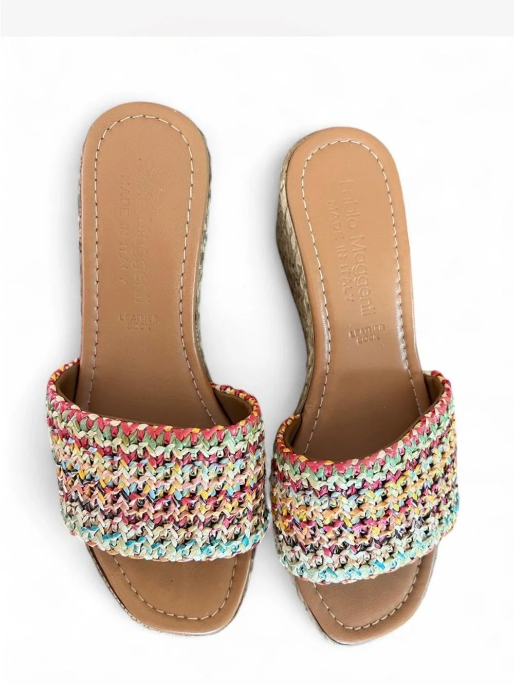 Fablo Maggenti Made in Italy Raffia Wedge Slide Sandals Size 6.5 Multicolor